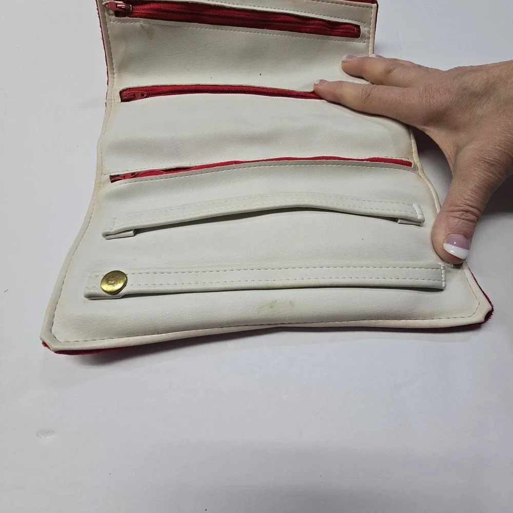 Vintage 80s Rolfs Red Velvet Leather? Womens Travel Jewelry Case Roll Up Folding